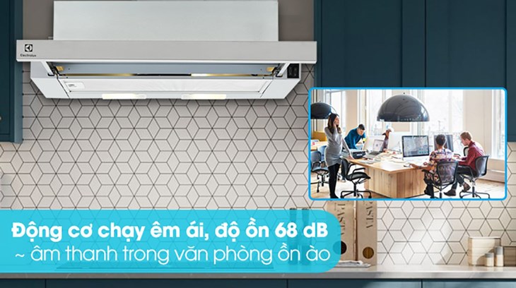 Máy hút mùi âm tủ Electrolux LFP216S có độ ồn 68dB tương đương âm thanh trong văn phòng ồn ào, siêu thị, không gây khó chịu cho người xung quanh