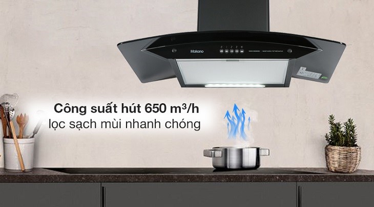 Máy hút mùi Makano sở hữu công suất hút cao 650 mét khối/giờ lọc sạch mùi nhanh chóng