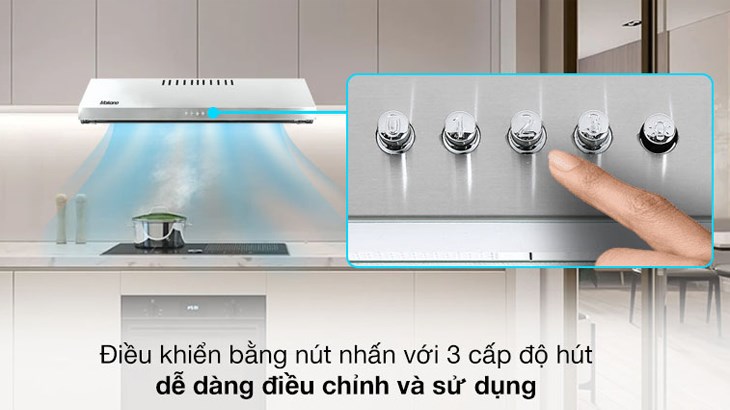 Máy hút mùi Makano sử dụng bảng điều khiển bằng nút nhấn với 3 tốc độ cho bạn dễ dàng thao tác