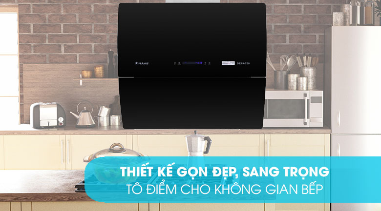 Máy hút mùi Pramie giống chiếc tivi LED gắn tường, càng tôn lên sự sang trọng trong căn bếp nhà bạn