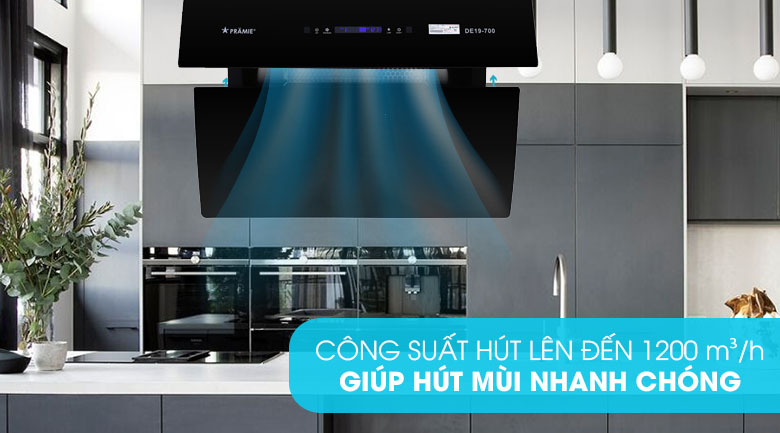 Máy hút mùi Pramie hút sạch mùi, mang lại không gian bếp trong lành nhờ công suất hút mạnh mẽ