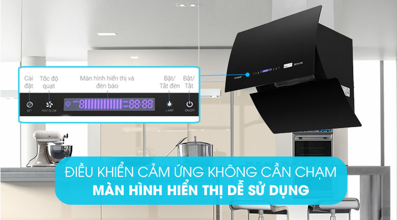 Máy hút mùi Pramie sử dụng điều khiển cảm ứng nhạy bén, có màn hình hiển thị dễ sử dụng