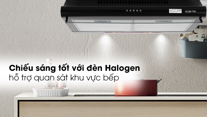 Máy hút mùi có 2 đèn LED halogen hỗ trợ chiếu sáng trong quá trình nấu