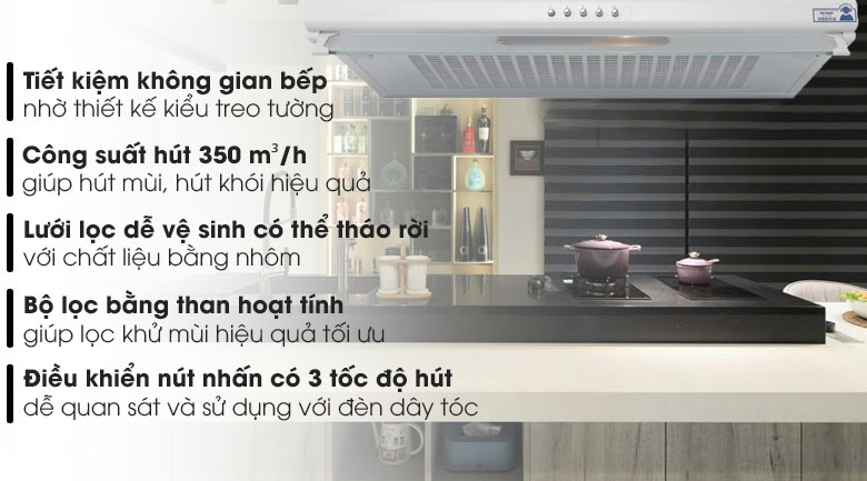 Máy hút mùi áp tường Malloca H107W với bảng điều khiển nút nhấn đơn giản, dễ thao tác và vệ sinh