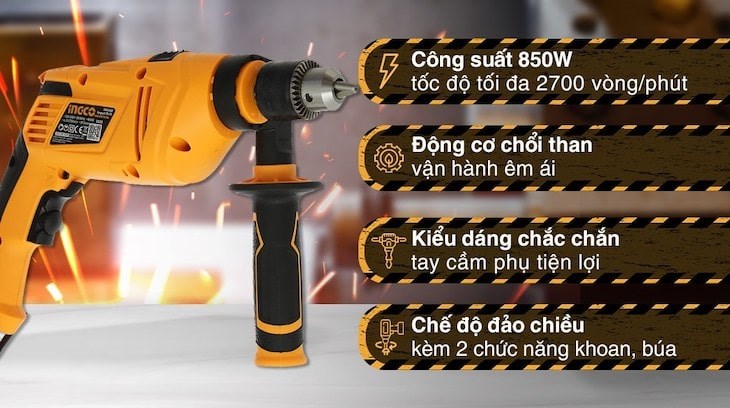 Máy khoan động lực Ingco ID8508E 850W có giá 687.000 đồng (giá cập nhật vào 01/2023, có thể thay đổi theo thời gian) sở hữu nhiều tiện ích với mức giá hợp lý