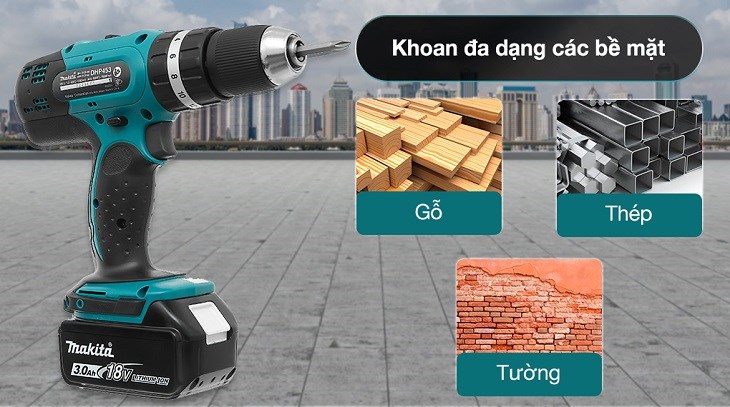 Máy khoan vặn vít động lực pin Makita DHP453SFX8 18V có tốc độ không tải 1300 vòng/phút, hỗ trọ khoan trên nhiều bề mặt