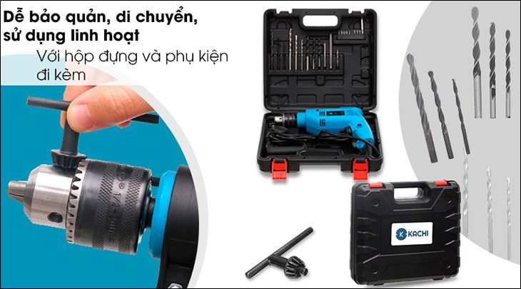 Máy khoan điện Kachi MK-212 550W được trang bị nhiều trục khoan với các kích thước khác nhau