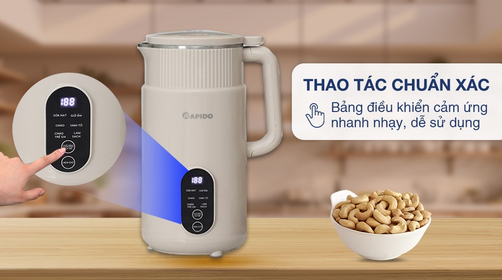 Máy làm sữa hạt đa năng Rapido RHB-500DW xám với bảng điều khiển cảm ứng hiện đại, ký hiệu hiển thị rõ nét, thao tác chuẩn xác