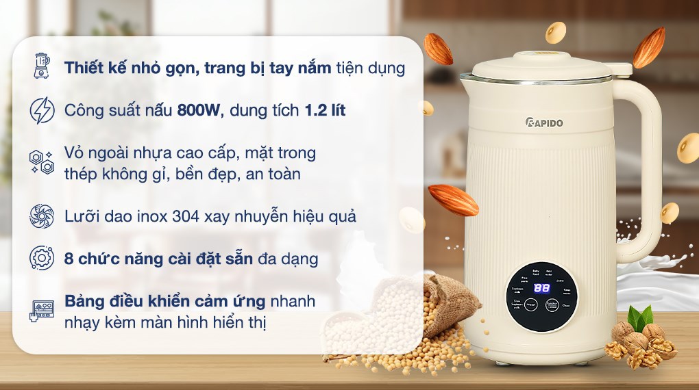 Máy làm sữa hạt đa năng Rapido RHB-800DM có công suất nấu 800W, công suất xay 150W giúp hoạt động ổn định