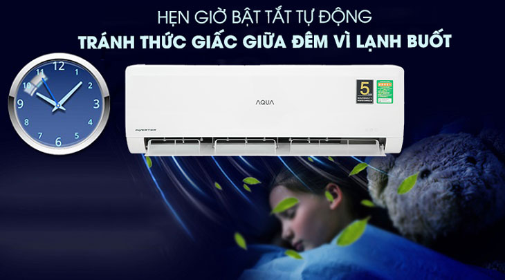 Máy lạnh Aqua Inverter 1.5 HP AQA-KCRV13WNZA sở hữu tính năng hẹn giờ giúp thiết lập thời gian bật tắt máy, tránh thức giấc giữa đêm vì lạnh buốt.