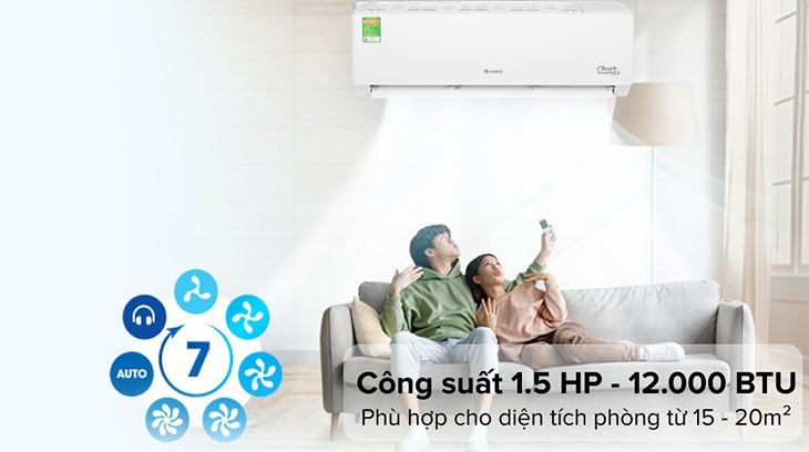 Máy lạnh Gree Inverter 1.5 HP GWC12PB-K3D0P4 có công suất 1.5 HP, phù hợp diện tích căn phòng từ 15 - 20 mét vuông