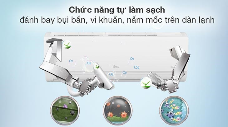 Máy lạnh LG Inverter 1 HP V10WIN trang bị cức năng tự làm sạch giúp loại bỏ bụi bẩn, vi khuẩn, nấm mốc hiệu quả