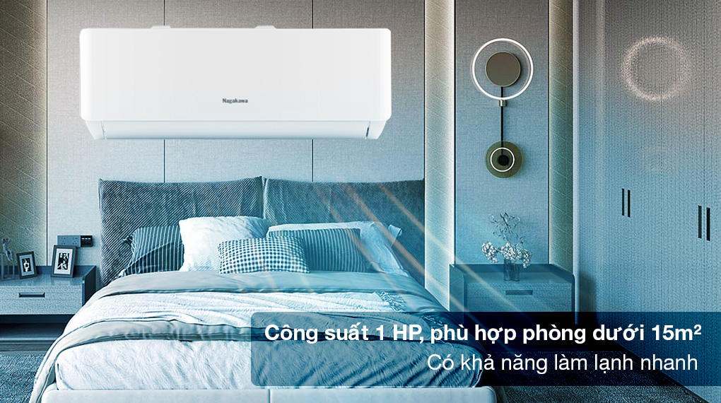 Máy lạnh Nagakawa Inverter 1 HP NIS-C09R2T28 với công suất 1 HP, phù hợp phòng dưới 15m2, trang bị tính năng làm lạnh nhanh Turbo