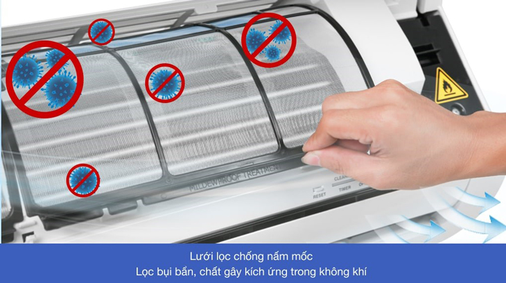 Máy lạnh Toshiba 2 HP Inverter RAS-H18C4KCVG-V được tích hợp bộ lọc chống nấm mốc giúp lọc sạch bụi bẩn, chất gây dị ứng có trong không khí