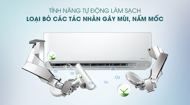 Máy lạnh Toshiba Inverter 2 HP RAS-H18C3KCVG-V được trang bị chức năng tự động làm sạch giúp loại bỏ mùi ẩm mốc