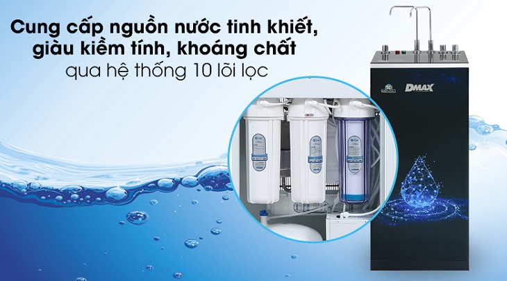 Hệ thống 10 lõi lọc trên máy lọc nước RO nóng nguội lạnh Dmax DMW-43710H 10 lõi hỗ trợ mang đến gia đình nguồn nước tinh khiết, giàu hydrogen chống oxy hóa