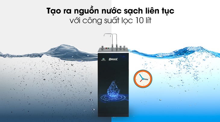 Máy lọc nước RO nóng nguội lạnh Dmax DMW-43710H 10 lõi có công suất lọc 10 lít/giờ, đáp ứng đủ lượng nước dùng cho gia đình từ 3 - 5 người