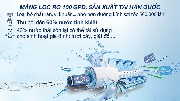 Máy lọc nước RO Hydrogen Kangaroo KG100HD2 8 lõi được tích hợp màng lọc RO giúp loại bỏ tốt chất rắn, vi khuẩn,...