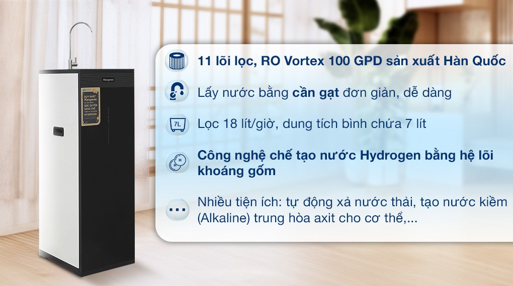 Máy lọc nước RO Hydrogen Kangaroo KG11A1 được trang bị 11 lõi lọc loại bỏ tạp chất, vi khuẩn hiệu quả