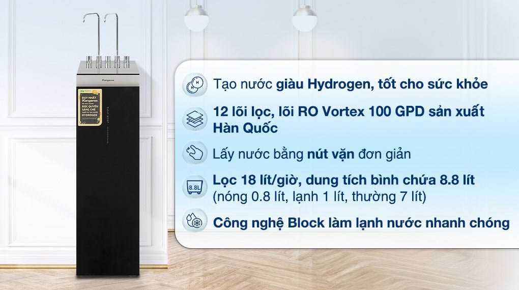 Máy lọc nước Kangaroo KG12A8 trang bị 12 cấp lọc nước tạo ra nguồn nước sạch và đầy đủ khoáng chất