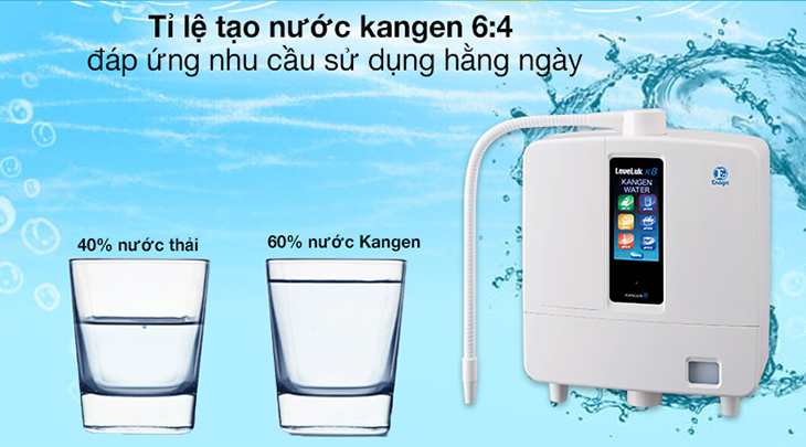 Máy lọc nước ion kiềm Kangen LeveLuk K8 có tỷ lệ lọc nước tinh khiết của bộ lọc tinh là 100%, tỷ lệ lọc thải 6/4