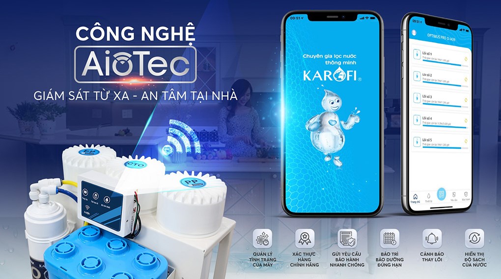 Máy lọc nước RO Karofi KAQ-U95 10 lõi có thể kết nối với điện thoại thông minh bằng app Karofi nhờ công nghệ Aiotec