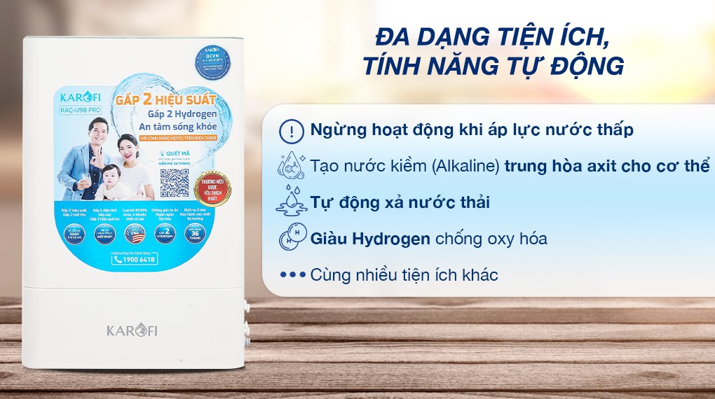 Máy lọc nước RO Karofi KAQ-U98 Pro 10 lõi được trang bị tính năng tự động báo cấp nước yếu