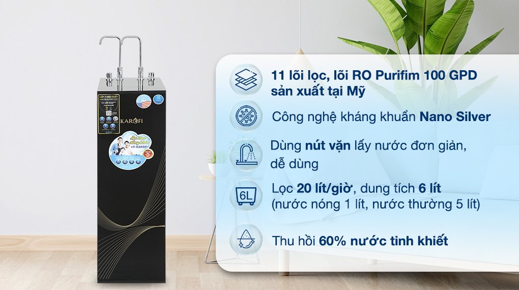 Máy lọc nước RO nóng nguội Karofi KAH-X29 11 lõi với công suất lọc lớn 20 lít/giờ hoạt động ổn định