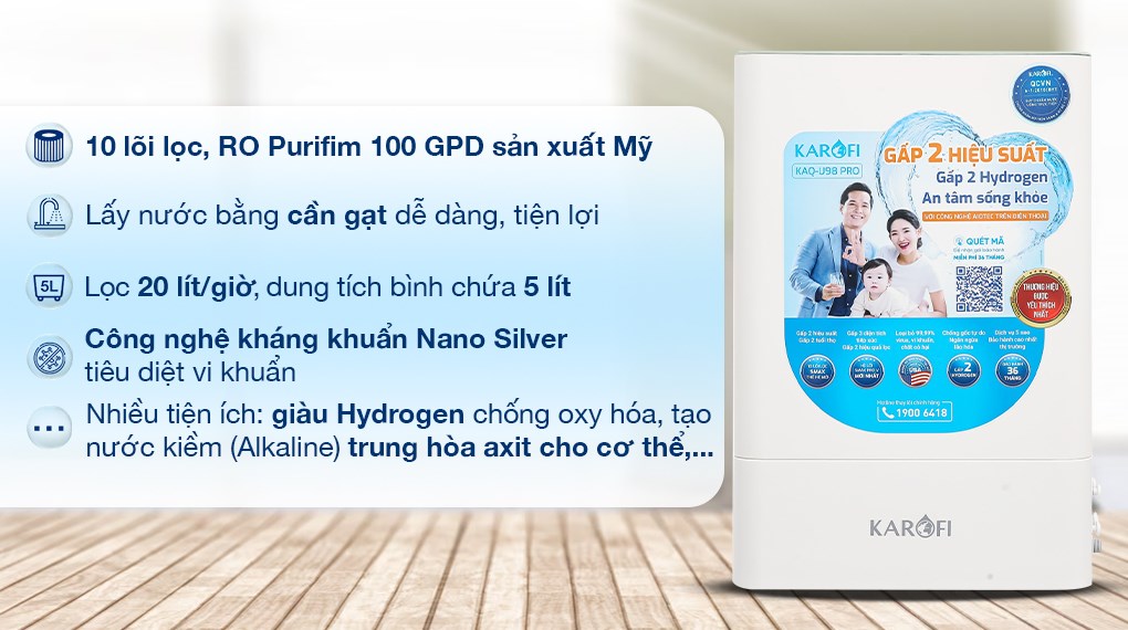 Máy lọc nước RO Karofi KAQ-U98 Pro 10 lõi trang bị các lõi lọc hiện đại, lọc sạch, bổ sung khoáng, tạo nước giàu Hydrogen