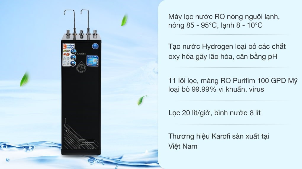Máy lọc nước Karofi 11 lõi tạo nước Hydrogen bằng lõi ORP kết hợp cùng lõi khoáng, hồng ngoại xa