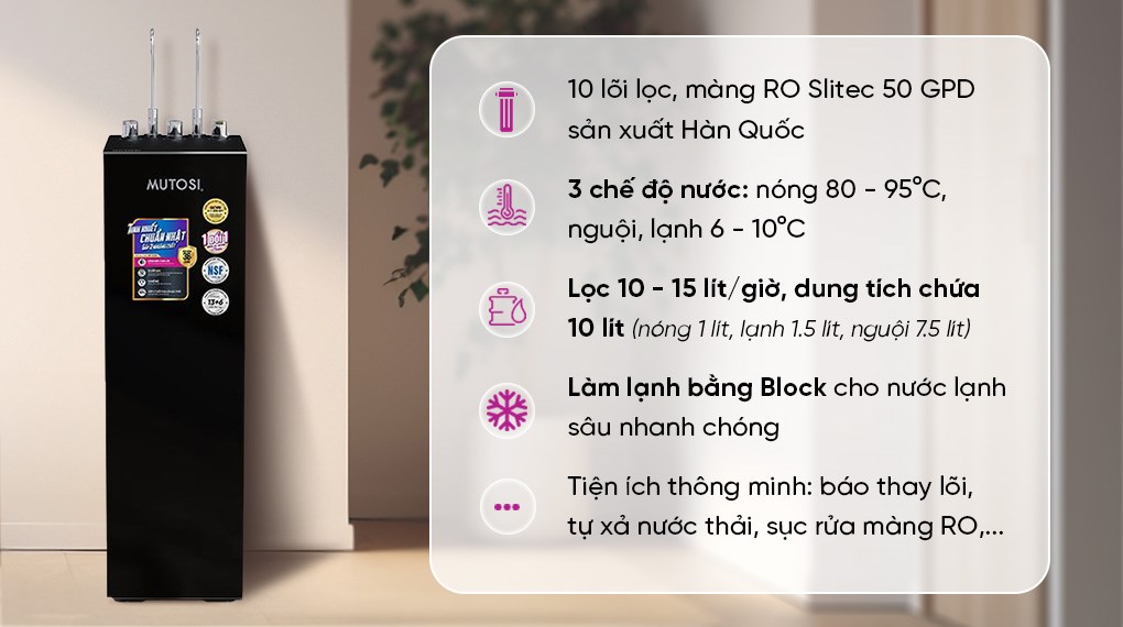 Máy lọc nước RO nóng nguội lạnh Mutosi MP-S129 10 lõi sở hữu dáng đứng gọn đẹp, thiết kế sang trọng, phù hợp bố trí trong nhiều không gian