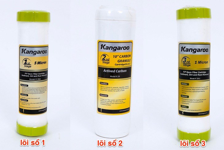 Lõi lọc số 1, 2, 3 của máy lọc nước Kangaroo có khả năng lọc sạch bùn đất, kim loại nặng, gỉ sét,...