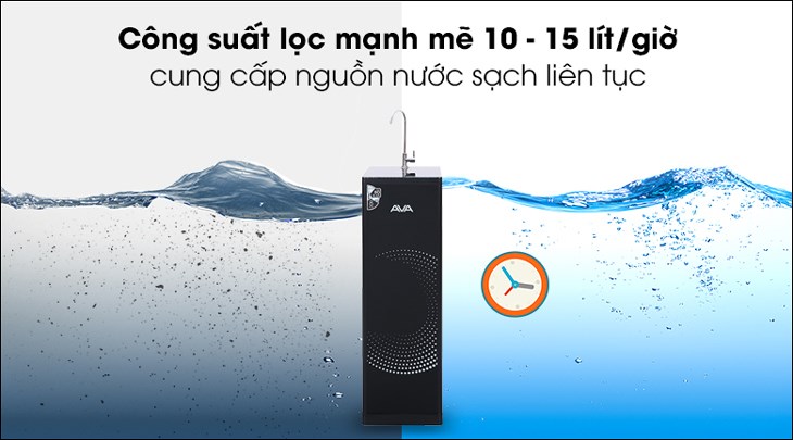 Máy lọc nước RO AVA LNT001 8 lõi có công suất lọc đến 10 - 15 lít/giờ cung cấp lượng nước sạch dồi dào đáp ứng cho nhu cầu hằng ngày gia đình
