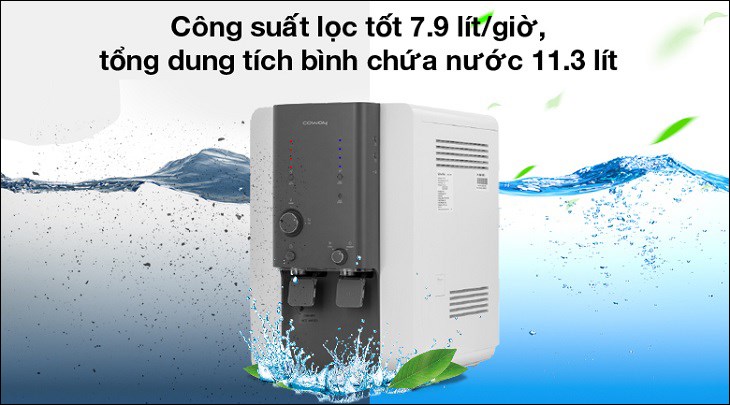 Máy lọc nước RO Coway có công suất lọc tốt 7.9 lít/giờ, tổng dung tích bình chứa nước 11.3 lít đáp ứng nhu cầu sử dụng