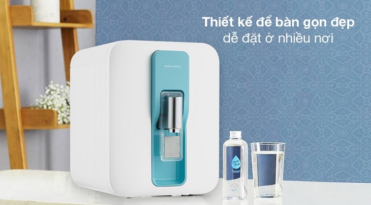 Máy lọc nước RO Coway có thiết kế nhỏ gọn, màu xanh trắng thanh lịch, kiểu để bàn dễ đặt ở nhiều nơi trong ngôi nhà bạn