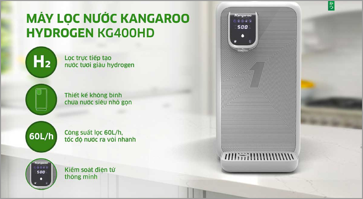 Máy lọc nước RO Hydrogen Kangaroo KG400HD 5 lõi có dạng để bàn nhỏ gọn, công suất lọc lớn 60 lít/giờ đáp ứng nhu cầu sử dụng