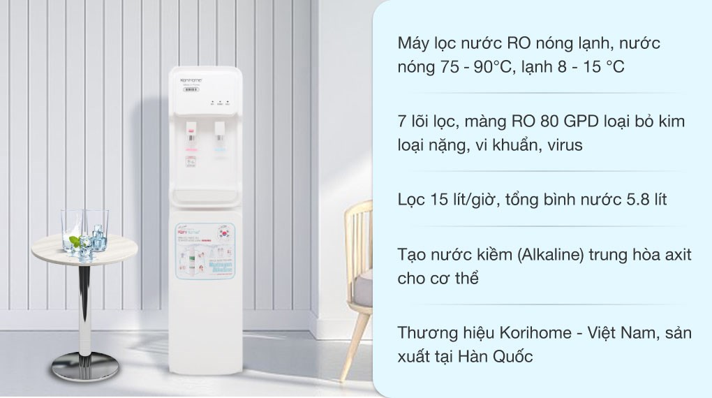 Máy lọc nước RO nóng lạnh Korihome 903 7 lõi có thiết kế sang trọng, gọn gàng