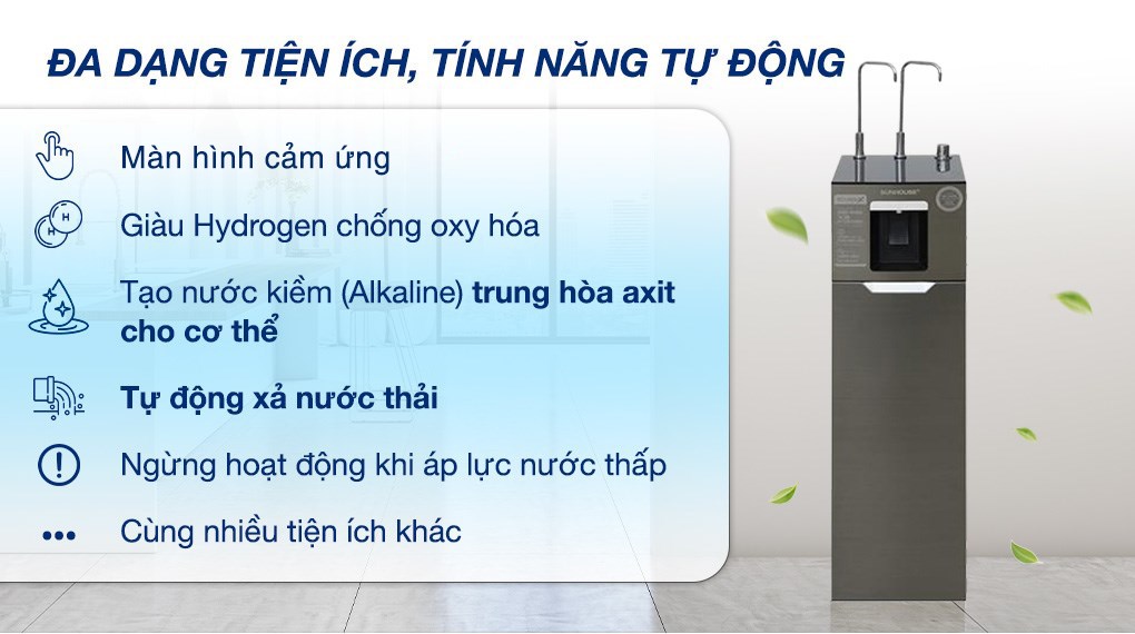 Máy lọc nước RO nóng nguội lạnh Hydrogen Sunhouse UltraX SHA76688SH 11 lõi được trang bị tính năng Tự động xả nước thải