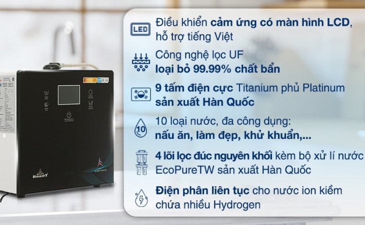 Máy lọc nước điện giải ion kiềm Robot IonPrince 910X 4 lõi 9 tấm điện cực hoạt động với nguyên lý điện phân liên tục cho nước ion kiềm giàu Hydrogen