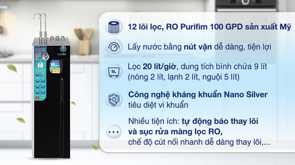 Máy lọc nước Karofi KAE-S688 12 lõi tạo ra nguồn nước giàu khoáng chất, giúp trung hòa axit dư thừa, cải thiện tiêu hóa, giảm gốc tự do