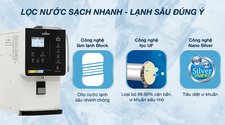 Máy lọc nước điện giải ion kiềm nóng nguội lạnh Robot IonQueen 711X được trang bị công nghệ màng lọc sợi rỗng có khả năng loại bỏ 99.99% cặn bẩn, vi khuẩn siêu nhỏ