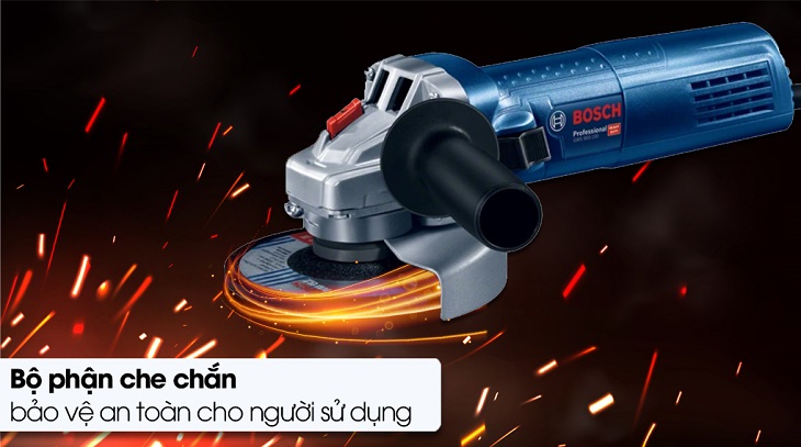 Máy mài góc Bosch GWS 900-100 900W có bộ phận che chắn bảo đảm an toàn cho người dùng