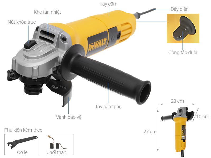 Nút khóa trục, tay cầm phụ và vành chắn bảo vệ trên máy mài góc Dewalt DW801-B1 850W