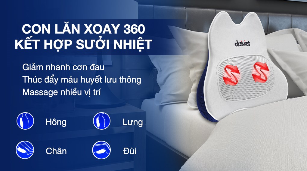 Máy massage lưng Daikiosan DVML-00001 sở hữu con lăn xoay 360 kết hợp sưởi nhiệt giúp giảm nhanh cơn đau