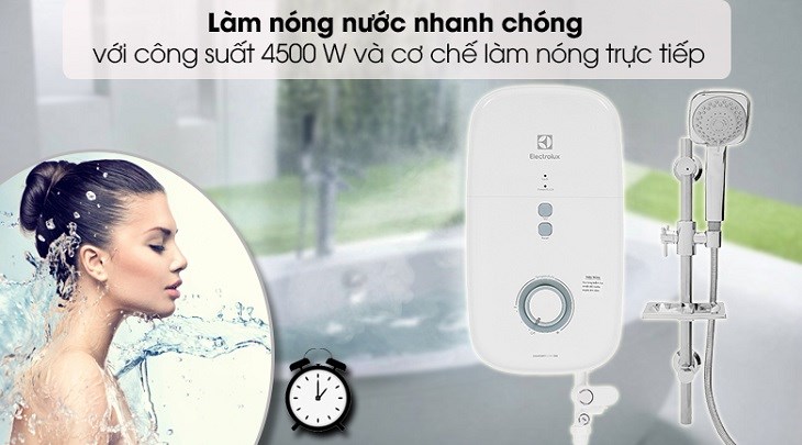 Máy nước nóng trực tiếp Electrolux 4500W EWE451KX-DWB2 sở hữu công suất làm nóng mạnh mẽ 4500W