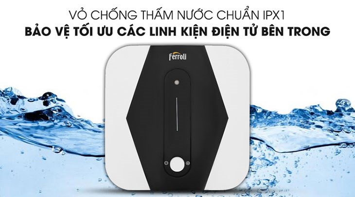 Máy nước nóng gián tiếp Ferroli 20 lít 2500W MIDO SQ chống thấm giúp bảo vệ máy nhờ vỏ đạt chuẩn IPX1