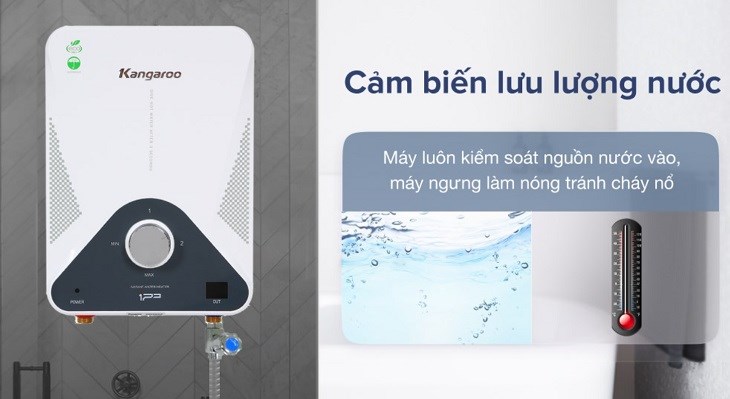 Máy nước nóng trực tiếp Kangaroo 4000W KG589GP được trang bị cảm biến lưu lượng nước giúp kiểm soát nguồn nước đầu vào để đảm bảo máy vận hành ổn định