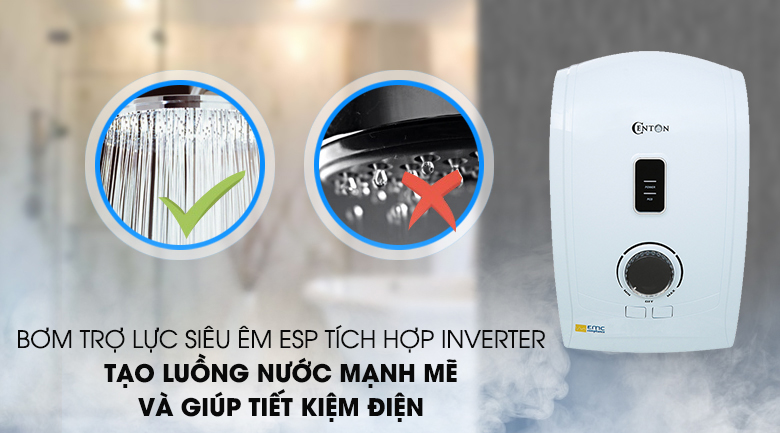 Máy nước nóng trực tiếp Centon 5500W GD600ESP RS FL trang bị bơm trợ lực siêu êm ESP tích hợp với Inverter cho nguồn nước mạnh mẽ và tiết kiệm điện