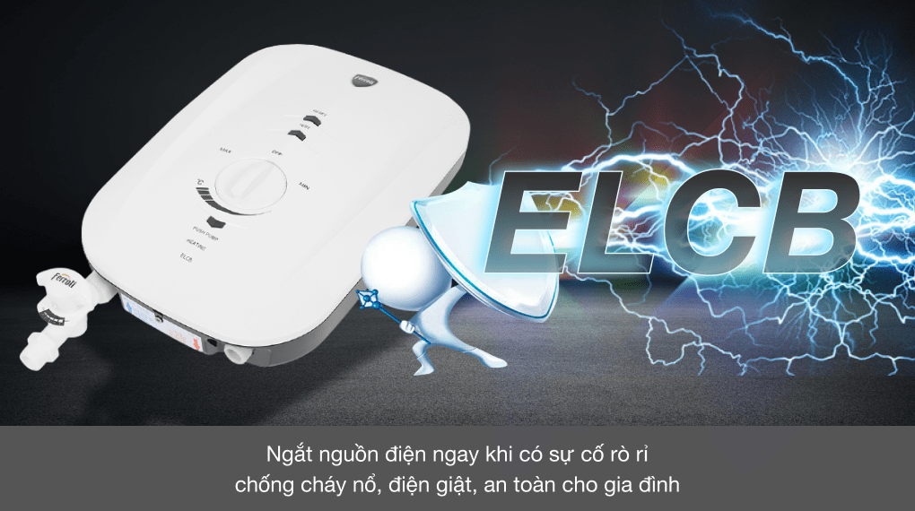 Máy nước nóng trực tiếp Ferroli 4500W MIDO-MSN 4.5S trang bị cầu dao ELCB chống rò rỉ và chống giật điện