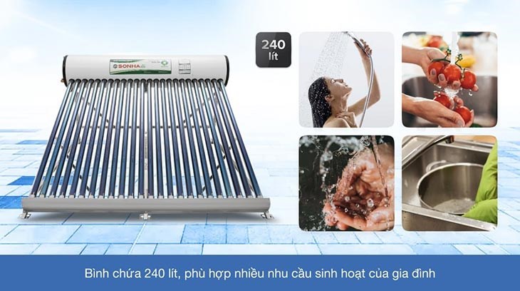 Máy nước nóng năng lượng mặt trời Sơn Hà 240 lít Eco 58-240 có dung tích bình chứa 240 lít, phù hợp với gia đình có 4 - 5 thành viên